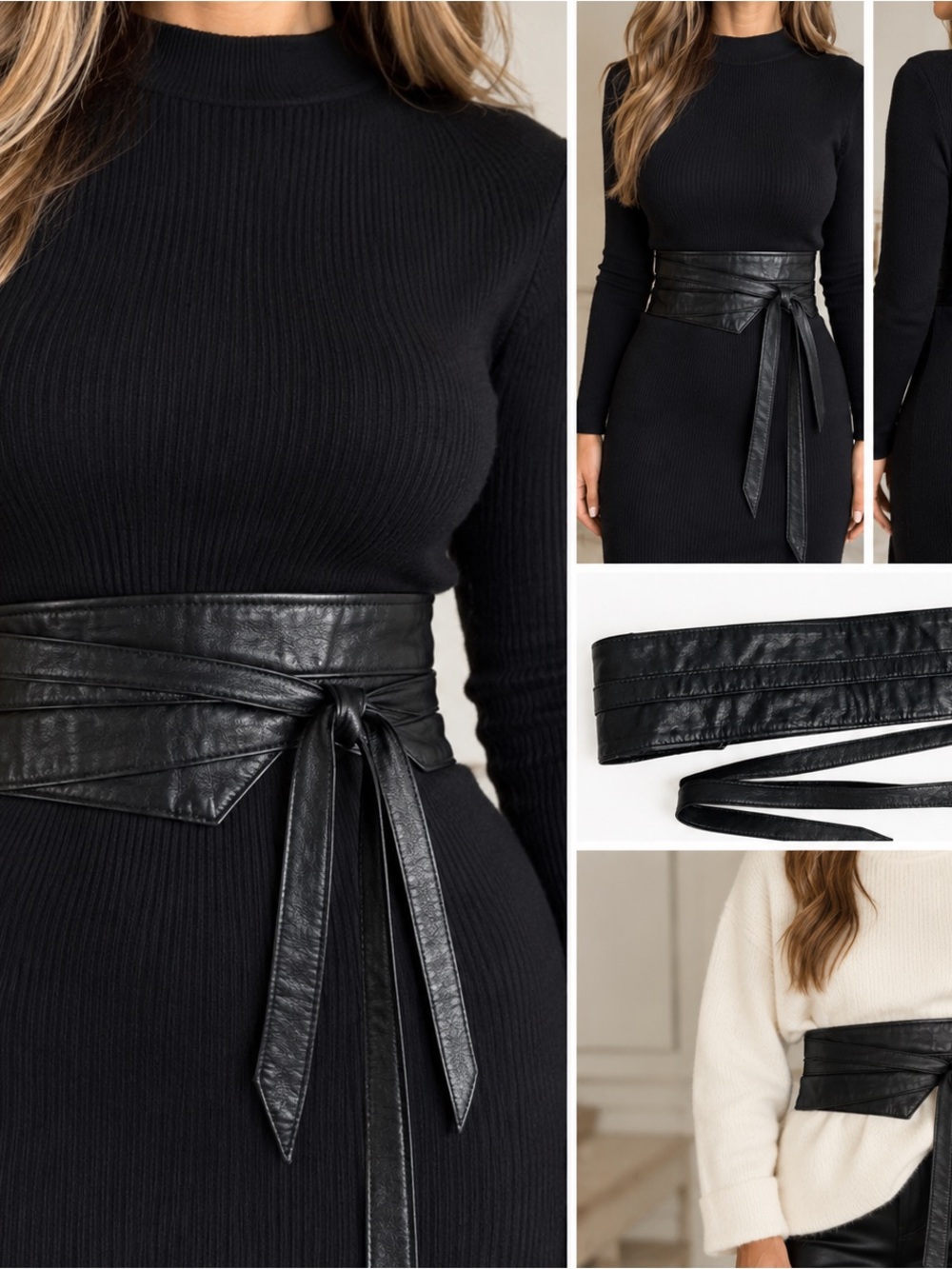 Black Leather Wide Wrap Around Tie Obi Waist Belt